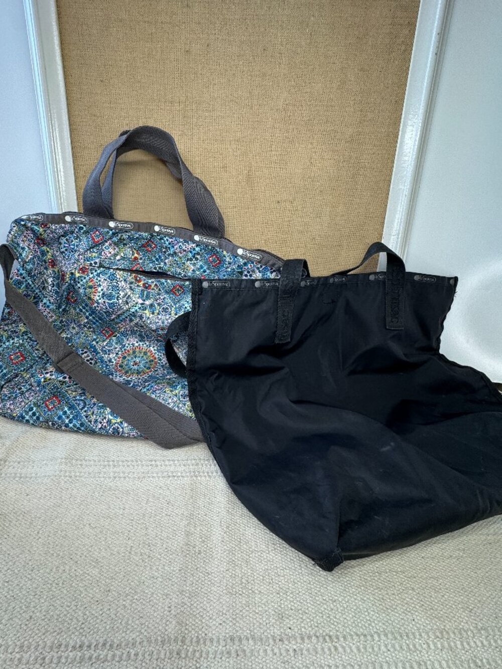 Set of 2 Le Sportsac Totes Solid Black, Mosaic and Geometric